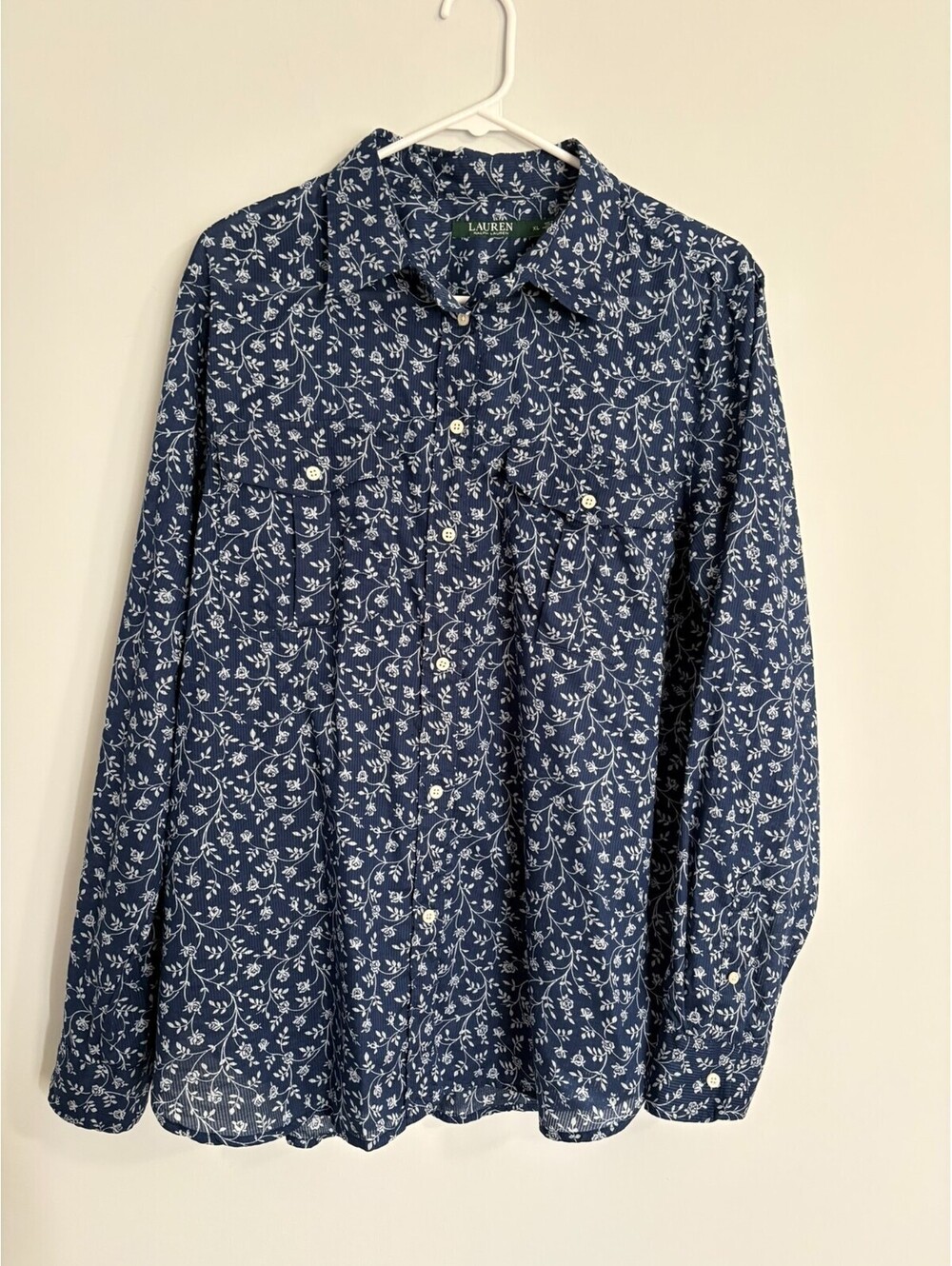 Lauren Ralph Lauren Navy White Ditsy Floral Button Down Long Sleeve Shirt Sz XL